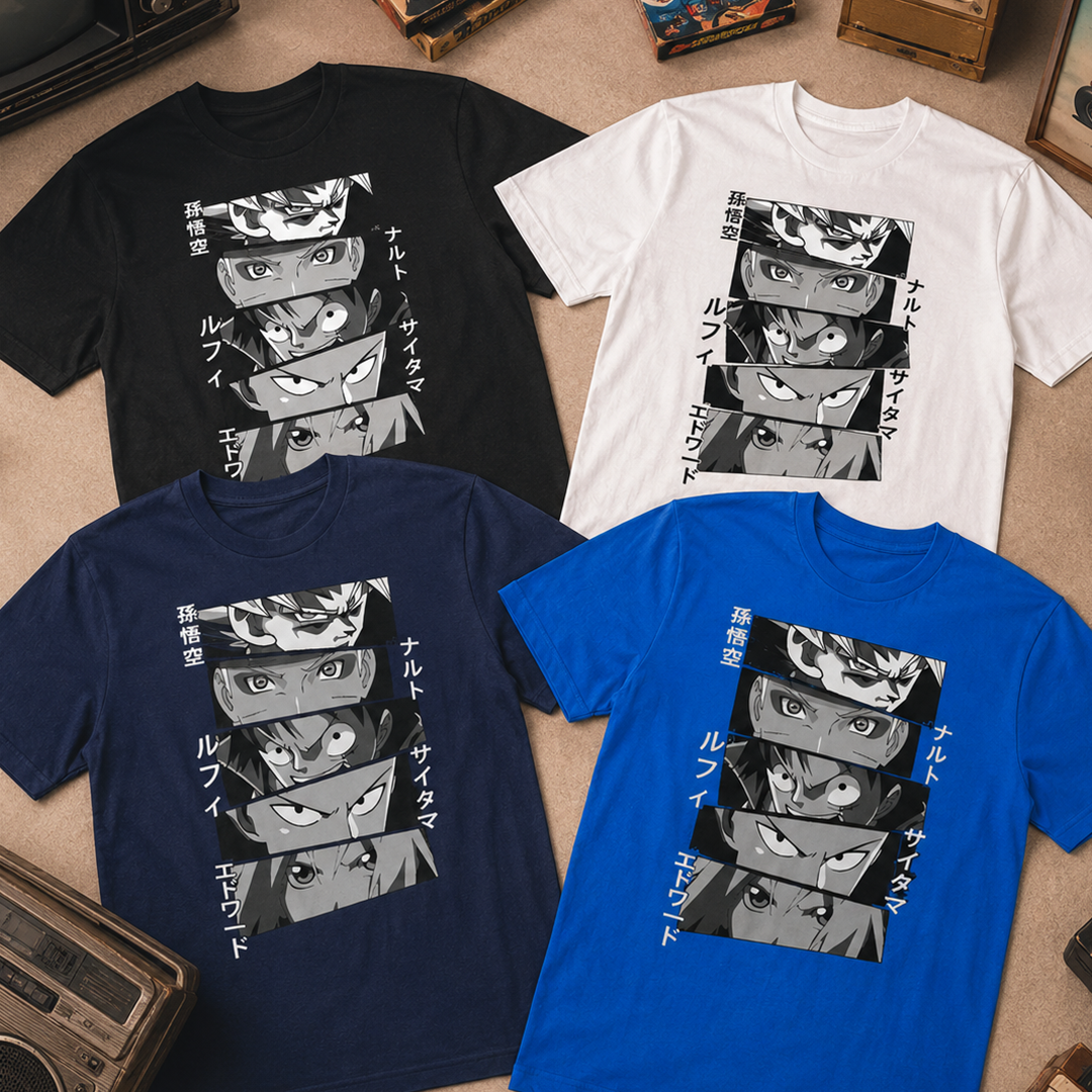 Camiseta Algodon The Masters Of Anime Goku, Naruto, One Piece, One punch Man