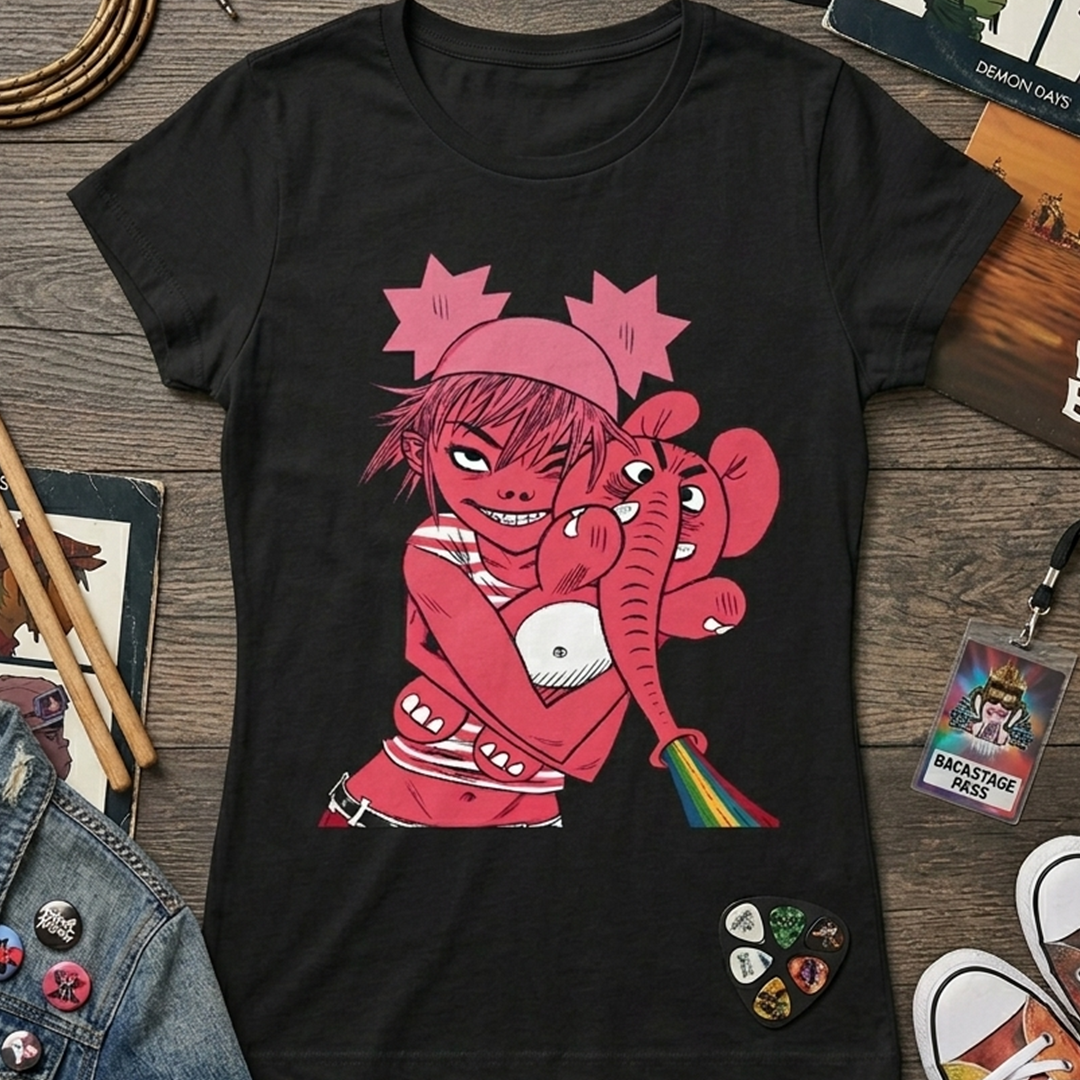 Camiseta Algodon Gorillaz Rainbow Elephant Mujer