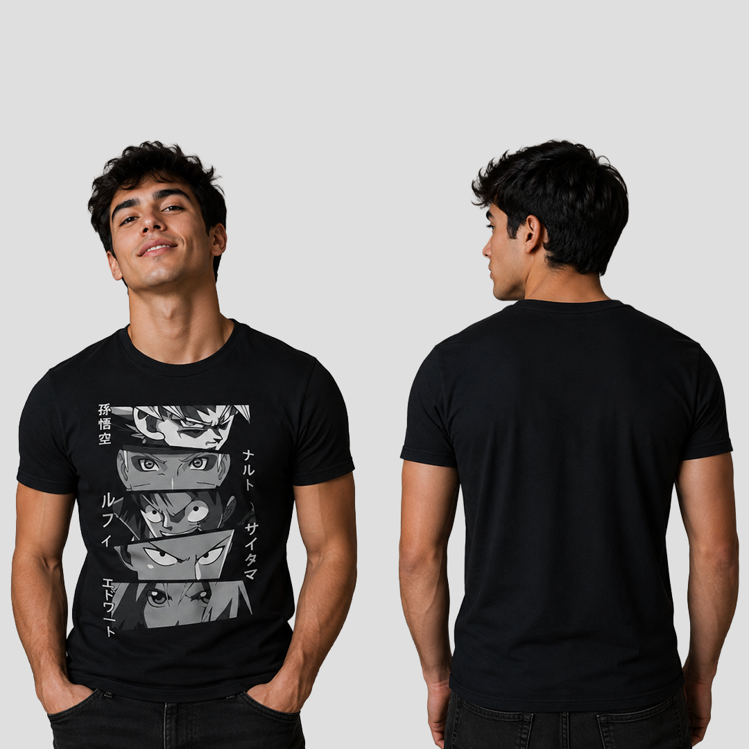 Camiseta Algodon The Masters Of Anime Goku, Naruto, One Piece, One punch Man