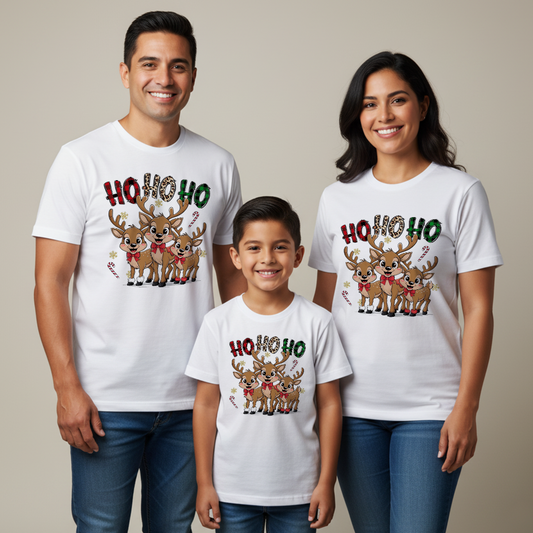 Camisetas Navideñas Familia Set de 3 Prendas HO,HO,HO Renos